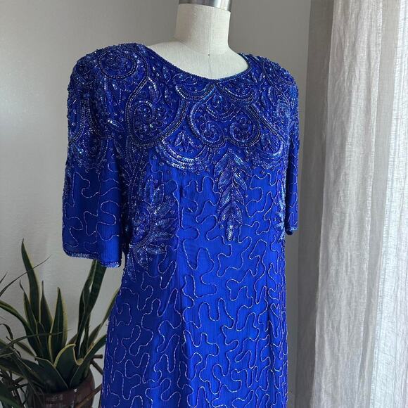 Silky Nites New York Women’s 1X Dress Royal Blue Silk Beaded Sequin Glam 80s - Picture 2 of 4